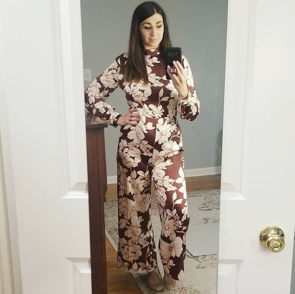 Forever 21 Jumpsuit, Size L, Floral Burgundy Satin Jumpsuit, Large - Picture 2 of 8